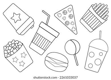 Set von Fastfood-Elementen. Line Art in Skizze-Stil einzeln auf weißem Hintergrund. Vektorgrafik für Druck, Karte, Farbbuch.