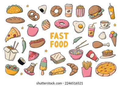 Set of fast food elements, objects, doodles isolated on white background. Good for planners, stickers, prints, signs, icons, etc. EPS 10