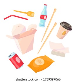 Set with fast food equipment. Get away food. Vector cartoon flat illustration isolated on white background.