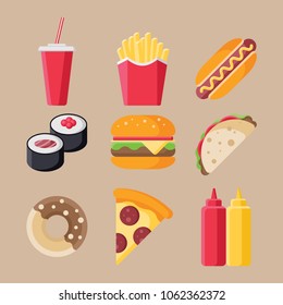 Set of fast food flat icons isolated on beige background. Collection of hamburger, cup, hot dog, sushi, taco, pizza, donut, ketchup and mustard sign symbols in flat style. Vector illustration for web 