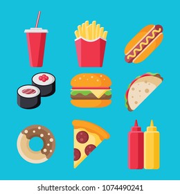 Set of fast food flat icons isolated on blue background. Collection of hamburger, cup, hot dog, sushi, taco, pizza, donut, ketchup and mustard sign symbols in flat style. Vector illustration