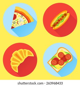 Set of fast food flat icons. Pizza, hot dog, croissant and sandwich