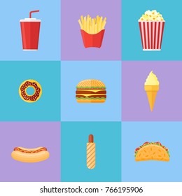 Set of fast food flat icons. Donut, hamburger, french fries, popcorn, soda takeaway, ice cream, hot dog and taco. Vector illustration.