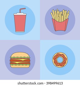 Set of fast food flat line icons. Donut, hamburger, french fries and soda takeaway. Modern vector illustration.