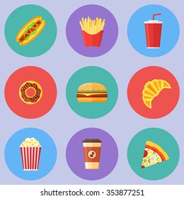 Set of fast food flat round icons. Hot dog, hamburger, pizza, french fries, donut, croissant, popcorn, coffee and soda takeaway. Vector illustration. 
