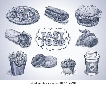 Set of fast food free hand monochrome drawing, sketch style
