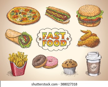 Set of fast food free hand colorful drawing, sketch style