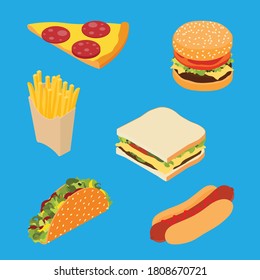 Set of fast food : french fries, hotdog, sandwich, burger hamburger or cheeseburger, slice of pizza and traditional mexican fast food taco isolated on blue background. Isometric view. Vector