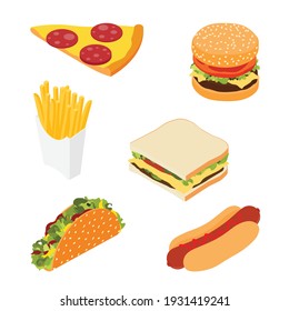 Set of fast food : french fries, hotdog, sandwich, burger hamburger or cheeseburger, slice of pizza and traditional mexican fast food taco isolated on white background. Isometric view. Vector