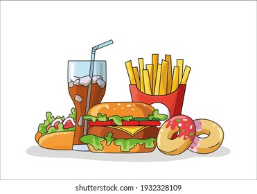 Set Of Fast Food With French Fries, Hamburger With Meat, Hot Dog, Chicken Legs, Donuts, Glass Of Soda. Street Junk Food. Flat Vector Illustration Isolated On White Background. Cartoon With Outline