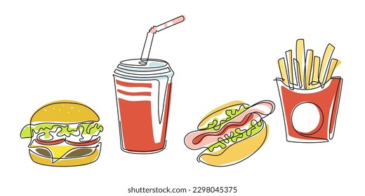 Set of fast food with french fries, hamburger, hot dog, soda in continuous one line art drawing style. Street food. Single line. Takeout food, junk food linear color sketch for menu, banner, poster