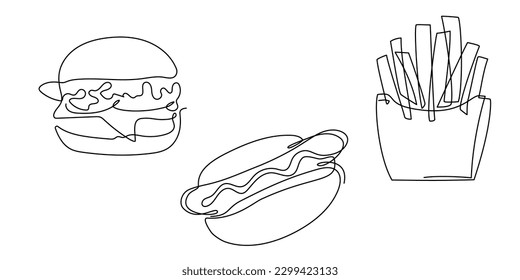 Set of fast food with french fries, hamburger, hot dog in continuous one line art drawing style. Street food. Single line. Takeout food, junk food linear sketch for menu, banner, poster