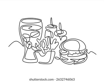 Set of fast food with french fries, hamburger, ketchup, soda in continuous one line art drawing style. Street food. Single line. Takeout food, junk food linear sketch for menu, banner, poster.Editable