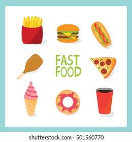 Set of fast food with French-fries, Hamburger, Hotdog, Chicken, Pizza, Ice-cream, Donuts and Coke.