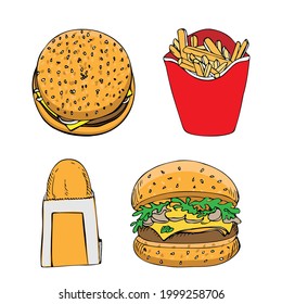 set of fast food fries fries burger cheeseburger potato pancakes