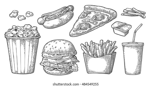 Set fast food. Glass of cola, hamburger, pizza, hotdog, fries potato in paper box, carton bucket full popcorn and ketchup. Isolated on white background. Vector vintage engraving illustration for menu