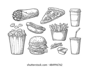 Set fast food. Glass of cola, hamburger, pizza, hotdog, fries potato in paper box, carton bucket full popcorn and ketchup. Isolated on white background. Vector vintage engraving illustration for menu