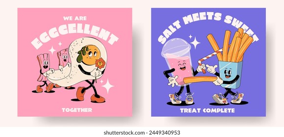 Set of fast food groovy retro posters or cards with funny cute comic characters 60s-70s. Lettering illustration for t-shirt print. Mascots for bar and restaurant. Egg and bacon, milk shake, fries