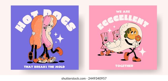 Set of fast food groovy retro posters or cards with funny cute comic characters 60s-70s. Lettering illustration for t-shirt print. Mascots for bar and restaurant. Hot dog, egg and bacon