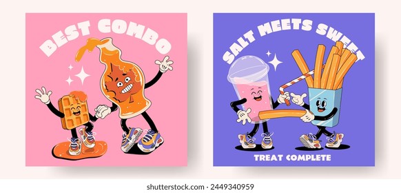 Set of fast food groovy retro posters or cards with funny cute comic characters 60s-70s. Lettering illustration for t-shirt print. Mascots for bar and restaurant. Milk shake waffles fries