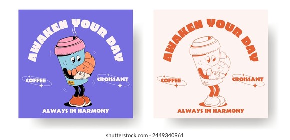 Set von Fastfood-groovigen Retro-Poster oder Karten mit lustigen süßen Comic-Figuren 60s-70s. Beschriftungsabbildung für T-Shirt-Print. Maskottchen für Bar und Restaurant. Kaffee und Croissant	