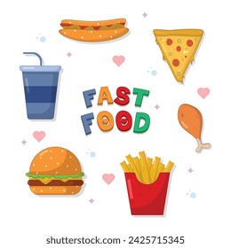 Set of fast food hamburger dinner and restaurant, colourful fast food text, stickers, unhealthy fast food nutrition in flat style