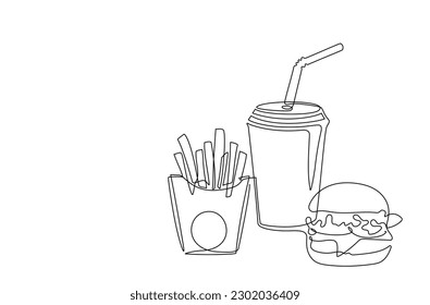 Set of fast food with hamburger, french fries, soda in continuous one line art drawing style. Street food. Single line. Takeaway junk food linear color sketch for menu banner poster. Editable stroke 