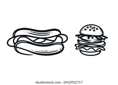 Set of fast food, hamburger, hot dog in one line continuous drawing style. Vector graphics.
