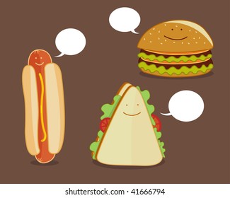 Set of fast food. Hamburger, hot dog and sandwich with text bubble. 