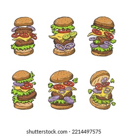 Set fast food hamburger icon with hand drawn