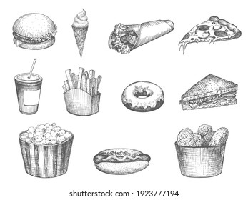 Set fast food hand drawn isolated on a white background. Vector illustration vintage sketch pizza, ice cream, soda, hamburger, hotdog, popcorn, nuggets, shawarma, fries, sandwich, donut.    