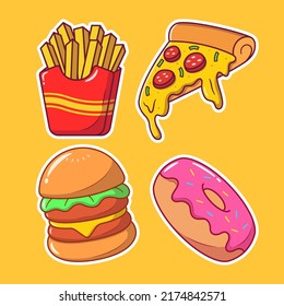 Set of Fast Food Hand Drawn Cartoon Sticker Doodle Icon