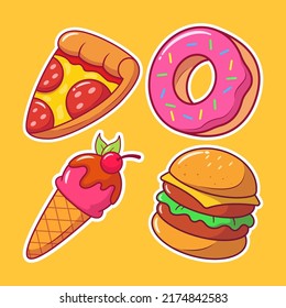 Set of Fast Food Hand Drawn Cartoon Sticker Doodle Icon