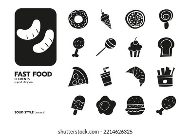 Set of fast food hand drawn elements solid style vector design.