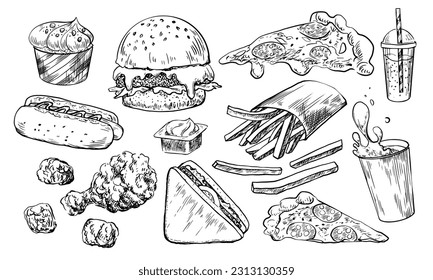 Set of fast food. Hand drawn hamburger, french fries, hot dog, coffee, soda, sauce, pizza, nuggets, sandwich, burger, ice cream. Sketch style collection of street food isolated in white background