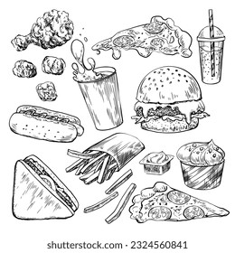 Set of fast food. Hand drawn hamburger, french fries, hot dog, coffee, soda, sauce, pizza, nuggets, sandwich, burger, ice cream. Sketch style collection of street food isolated in white background