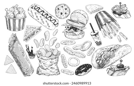 Set of fast food. Hand drawn burger, tacos, french fries, hot dog, chicken nuggets, sandwich, bag of chips, onion rings, tapas. Sketch style collection of street food isolated in white background