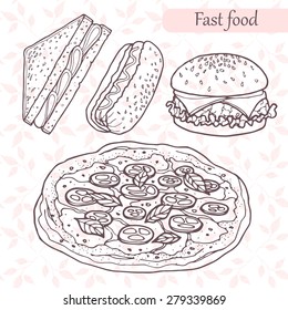 Set of fast food. Hand drawn vector illustration.