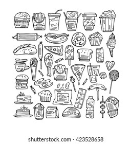 Set with fast food hand drawn vector illustration icons. Fast food restaurant, fast food menu. Hamburger, hot dog, sandwich, snacks, waffles,pizza,french fries,ice cream,donuts,burger,sauce,lollipops.