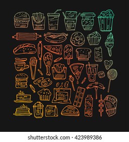 Set with fast food hand drawn vector illustration icons. Fast food restaurant, fast food menu. 