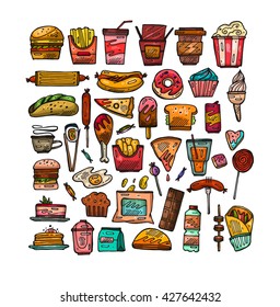 Set with fast food hand drawn vector illustration icons. Fast food restaurant, fast food menu. Hamburger, hot dog, sandwich, snacks, waffles,pizza,french fries,ice cream,donuts,burger,sauce,lollipops.