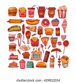 Set with fast food hand drawn vector illustration icons. Fast food restaurant, fast food menu. Hamburger, hot dog, sandwich, snacks, waffles,pizza,french fries,ice cream,donuts,burger,sauce,lollipops.