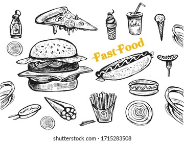 Set of fast food hand sketched illustrations: burger, hot dog, ketchup, free potato, coke, ice cream, pizza.