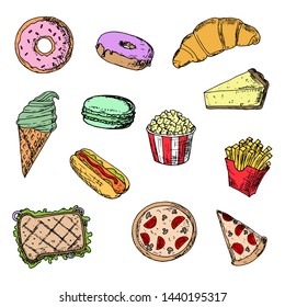 Set of fast food. Hand-drawn style. Isolated objects on a white background. Vector cartoon illustration.