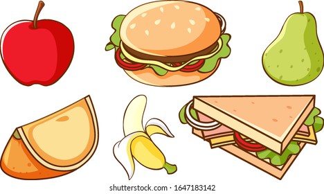 Set of fast food and healthy fruits on white background illustration