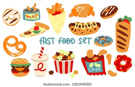 A set of fast food food, highlighted on a white background. Cartoon fast food, unhealthy burger sandwich, hamburger, pizza, snacks from the restaurant menu. Vector illustration in a simple style
