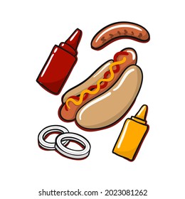 Set of fast food, hot dog, sausage, ketchup and mustard. Vector fast food