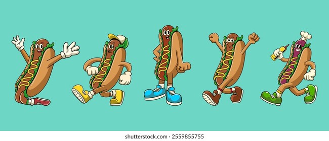 Set of Fast Food Hot Dog Cartoon Character in Comic Groovy Psychedelic Style