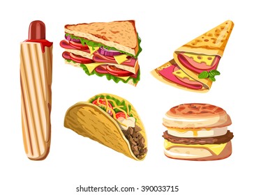 Set Of Fast Food: Hotdog, Club Sandwich, Taco, Pancake, Muffin With Egg. Vector Illustration, Isolated On White.