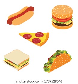 Set of fast food : hotdog, sandwich, burger hamburger or cheeseburger, slice of pizza and traditional mexican fast food taco isolated on white background. Isometric view. Vector